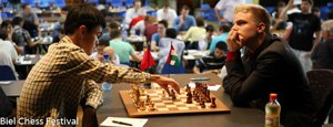 Liren Ding against Richard Rapport. Photo © Biel Chess Festival.