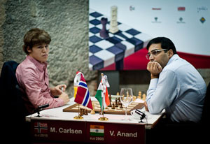 Carlsen - Anand Round 2. Photo © Fred Lucas. 