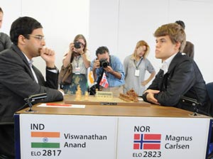 The clash of Anand and Carlsen turned out to be a damp squib drawn after just 90 minutes of a Berlin Ruy Lopez. Photo © 