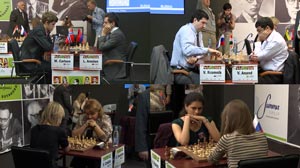 Botvinnik Memorial. Rd1 Aronian 1/2 Carlsen and Anand 1/2 Kramnik. Women: Kosintseva 0-1 Koneru, Danielian 1-0 Cmilyte. Live video: 