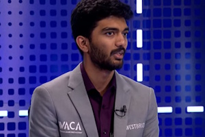 Gukesh talks about his win against Caruana afterwards. Photo &copy; 