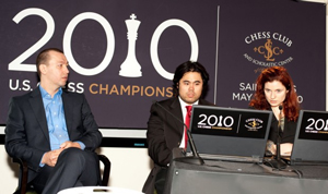 Kamsky and Nakamura talk to Jennifer Shahade in post game press conference. Photo © Betsy Dynako. 