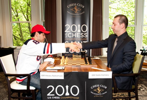 Nakamura and Kamsky shake hands at the start of their quads game. Photo © Betsy Dynako. 