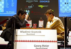 Kramnik beat Meier in Round 9 to go two points clear. Photo © Georgios Souleidis.