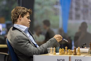 Magnus Carlsen at the start of Round 1. Photo &copy; Albert Silver.