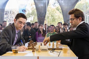 Fabiano Caruana somehow found a way to draw against Levon Aronian in Round 5. Photo © Albert Silver.