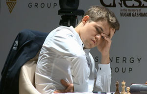 Magnus Carlsen beat Mamedyarov in the only decisive game of round 6. Photo © 