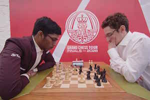 Praggnanandhaa and Caruana playing in the Grand Chess Tour Final.