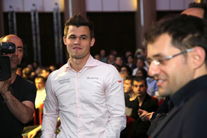 Magnus Carlsen had a successful first day in spite of losing on time in game 1. Photo © Spectrum Studios.