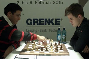Anand making the losing Rd7 move against Carlsen. One can only presume he was pessimistic about his chances and thought it a last chance. Photo © 