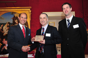 The Earl of Wessex presents the Innovative Project Award to Chess in Schools and Communities Chief Executive Malcolm Pein, alongside Sam Franks (Hiscox). Photo © 