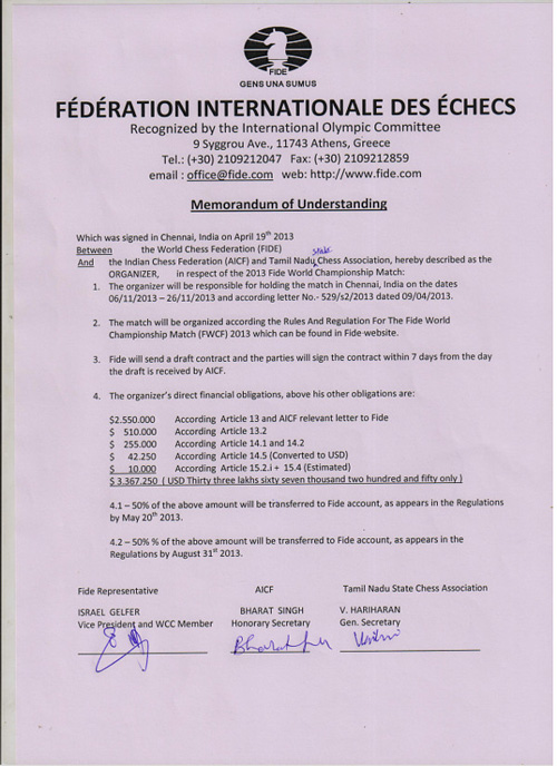 FIDE/Chennai Memo of Understanding