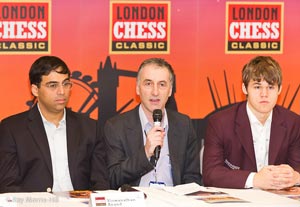 IM Malcolm Pein welcomed the announcement of the change of dates of the London Candidates to March 2013 as the Director of the London Chess Classic. Seen here opening last year's event with World Champion Viswanathan Anand and World Number 1 Magnus Carlsen. Photo © Ray Morris-Hill. 