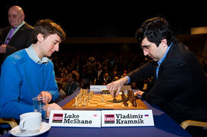 Luke McShane battled hard but was eventually defeated by Vladimir Kramnik in a fine leaders battle. Photo © Ray Morris-Hill. 