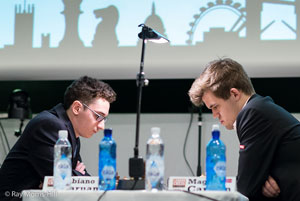 Caruana drew against Carlsen in round 2 of the London Chess Classic. Photo © Ray Morris-Hill