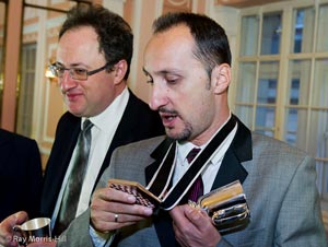 Boris Gelfand and Veselin Topalov both looked happy at the prize-giving for the London Grand Prix.. Photo © Ray Morris-Hill.