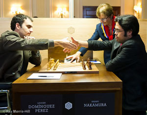 Leinier Dominguez and Hikaru Nakamura in Round 5. Photo © Ray Morris-Hill.