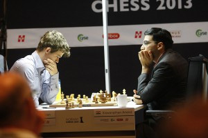 Viswanathan Anand and Magnus Carlsen of Norway during their Tenth match at  FIDE World Chess