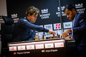 Carlsen in action against Erigaisi. Photo © Norway Chess. 