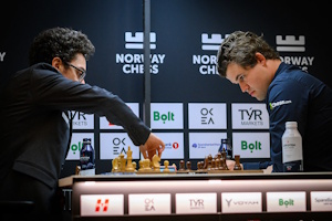 Fabiano Caruana and Magnus Carlsen during Round 5. Photo © Norway Chess