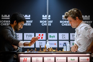 Gukesh and Carlsen in time trouble at the end of their game. Photo © Norway Chess.