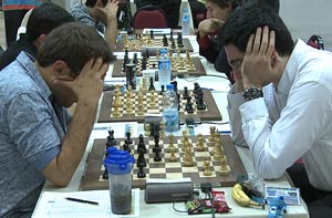 Levon Aronian and Vladimir Kramnik at the start of their Round 6 game. Photo © 