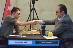 Caruana against Gelfand in Round 8. They tied for first on 7/11. Photo © 