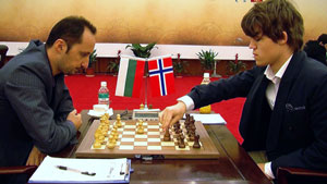 Veselin Topalov against Magnus Carlsen in Round 9. A terrible blunder from Topalov gave Carlsen victory in the game and also first place with a round to go. Photo © Peter Doggers 