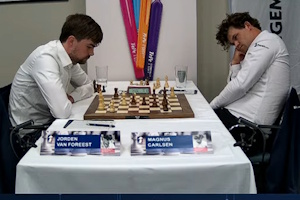 Van Foreest against Carlsen in Round 4. Photo &copy; 