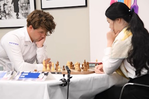 Carlsen eventually overcame Zhu Jiner in Round 5. Photo &copy; 
