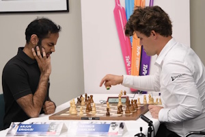 Erigaisi and Carlsen during their tie-break match. Photo &copy;