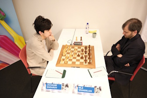 The leader Javokhir Sindarov drew with Nils Grandelius in round 6. Photo Mikael Svensson.