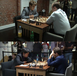 Round 4 games between Carlsen and Kamsky and Aronian and Nakamura. Photo © 