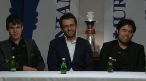 Carlsen, Aronian and Nakamura at the start of a distinctly uncomfortable press conference. Carlsen might consider some media training. Photo © 