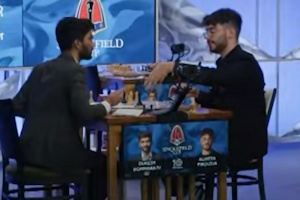 Gukesh and Firouzja discuss their game at the end. Photo &copy; 