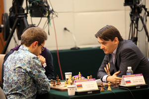 Aronian vs Morozevich on day 1 of the SportAccord World Mind Games. Photo © Anastasiya Karlovich.