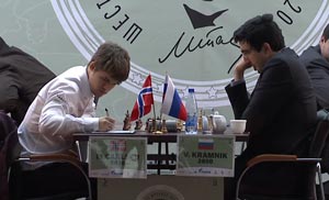 Carlsen and Kramnik contested a hugely complex game. It seemed that Kramnik had a great strategic advantage but Carlsen didn't give him any easy chances. This was just one highlight of a fine round. Photo © 