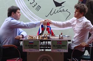 Svidler and Carlsen agree the draw. Photo © 