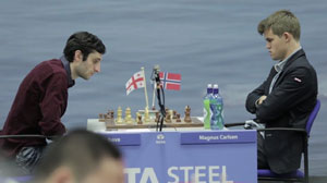 Jobava and Carlsen playing in Round 8 of the Tata Steel Masters. Photo © 