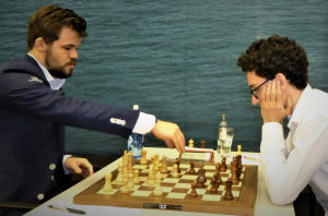 World number 1 and 2 Carlsen and Caruana drew quite quickly in Round 6. Photo © Michiel Abeln