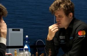 Carlsen on the way to a win against Caruana. Photo © 