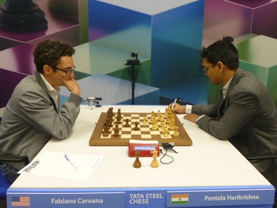 Harikrishna vs Caruana Tata Steel 2025 Round 10 Photo © Michiel Abeln.