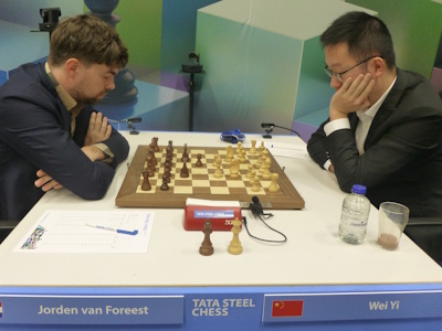 Wei Yi vs Van Foreest Tata Steel 2025 Round 10 Photo © Michiel Abeln.