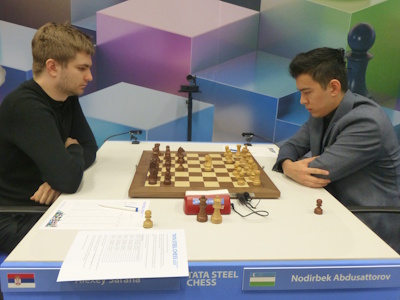 Abdusattorov vs Sarana Tata Steel 2025 Round 10 Photo © Michiel Abeln.