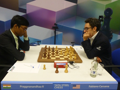 Caruana vs Praggnanandhaa Tata Steel 2025 Round 11 Photo © Michiel Abeln.