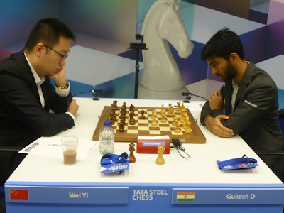 Gukesh vs Wei Yi Tata Steel 2025 Round 11 Photo © Michiel Abeln.