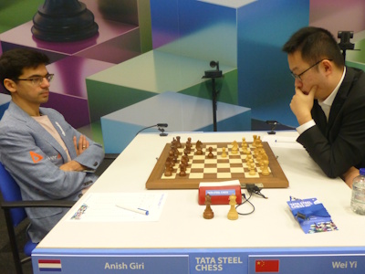 Wei Yi vs Giri Tata Steel 2025 Round 12 Photo © Michiel Abeln.