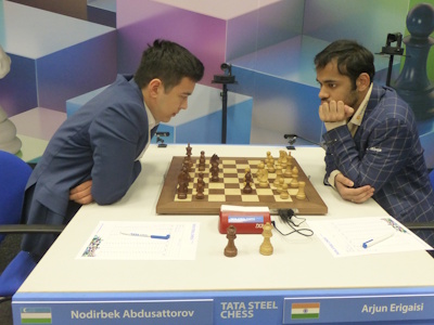 Erigaisi vs Abdusattorov Tata Steel 2025 Round 12 Photo © Michiel Abeln.