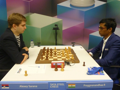 Praggnanandhaa vs Sarana Tata Steel 2025 Round 12 Photo © Michiel Abeln.