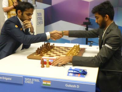 Gukesh vs Erigaisi Tata Steel 2025 Round 13 Photo © Michiel Abeln.